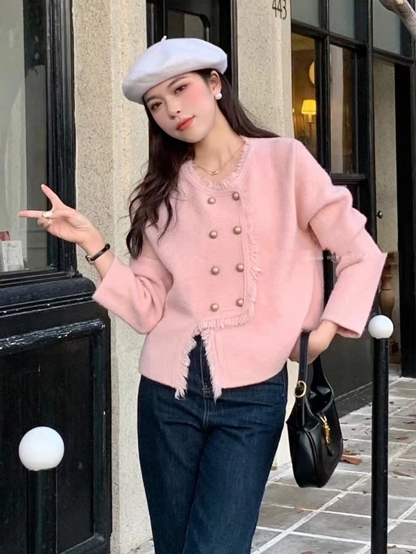 绵羊绒双排扣毛衣宽松柔软针织流苏小香风减龄韩系开衫上衣外套