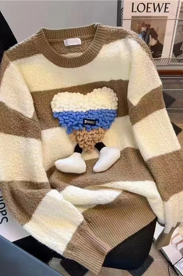 条纹撞色毛衣羊绒立体爱心宽松春秋季中长款百搭针织毛衣外套