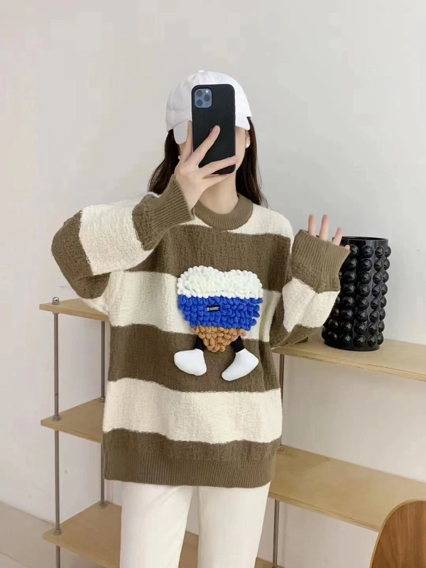 条纹撞色毛衣羊绒立体爱心宽松春秋季中长款百搭针织毛衣外套