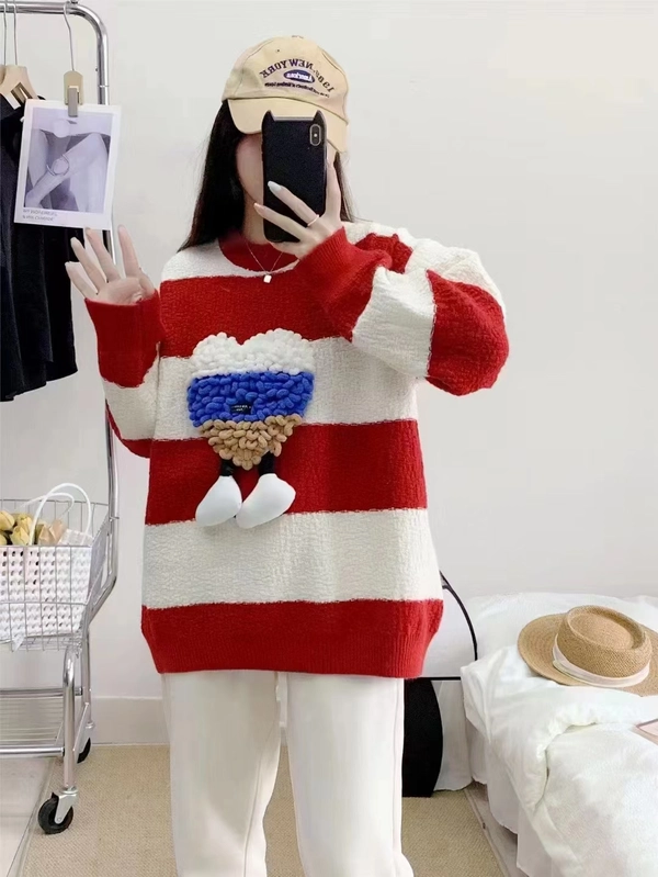 条纹撞色毛衣羊绒立体爱心宽松春秋季中长款百搭针织毛衣外套