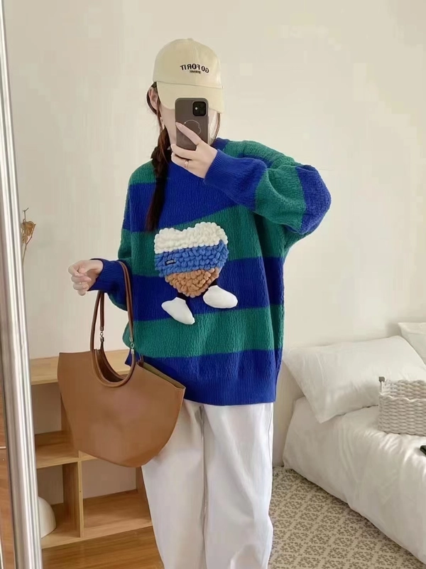 条纹撞色毛衣羊绒立体爱心宽松春秋季中长款百搭针织毛衣外套