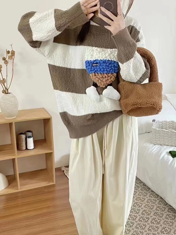 条纹撞色毛衣羊绒立体爱心宽松春秋季中长款百搭针织毛衣外套