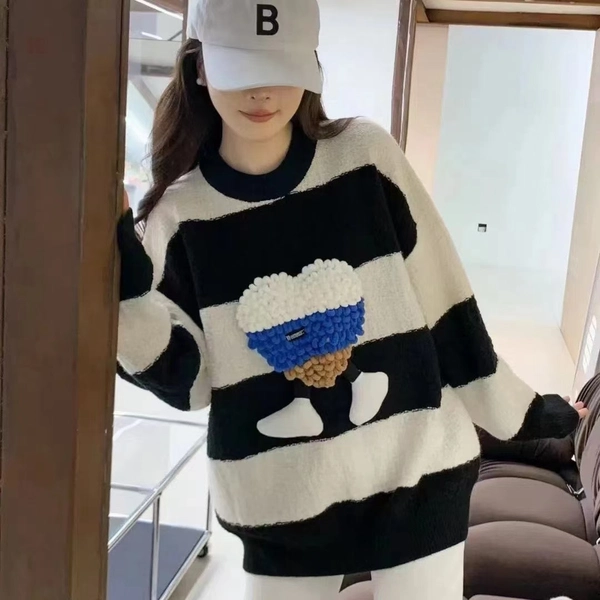 条纹撞色毛衣羊绒立体爱心宽松春秋季中长款百搭针织毛衣外套