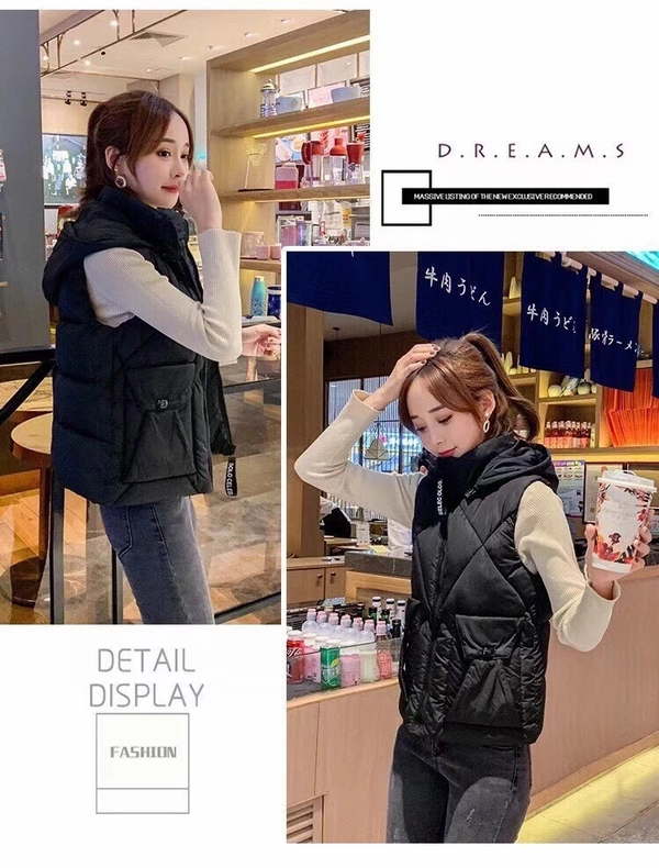 冬季韩版时尚棉马甲无袖秋冬外穿新款休闲短款连帽马甲外套