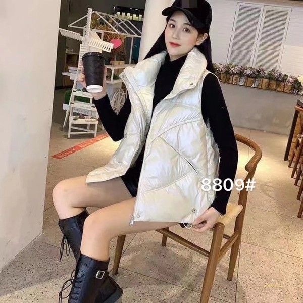 女秋冬漆皮亮面马甲背心连帽棉背心夹棉无袖外套时尚坎肩休闲百搭中长款外套