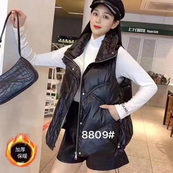 女秋冬漆皮亮面马甲背心连帽棉背心夹棉无袖外套时尚坎肩休闲百搭中长款外套