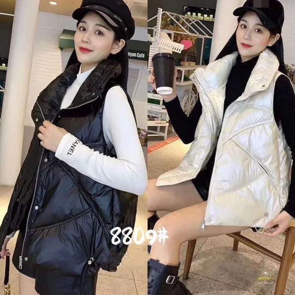 女秋冬漆皮亮面马甲背心连帽棉背心夹棉无袖外套时尚坎肩休闲百搭中长款外套