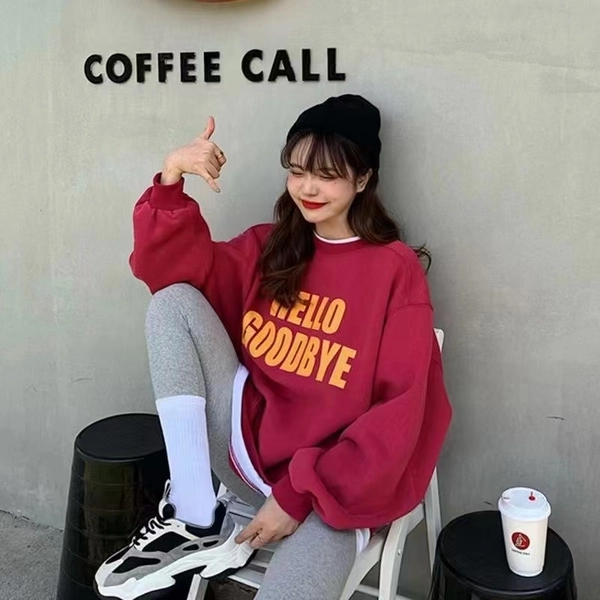 华棉复合加绒加厚卫衣韩版圆领宽松假两件休闲减龄百搭领口包边中长款上衣