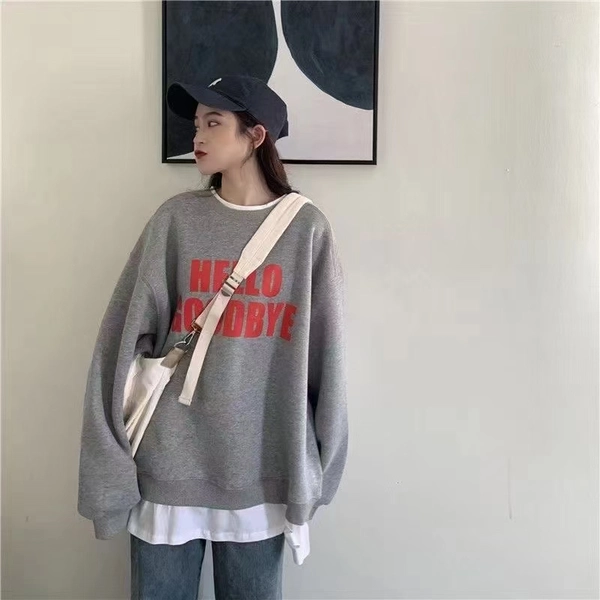 华棉复合加绒加厚卫衣韩版圆领宽松假两件休闲减龄百搭领口包边中长款上衣