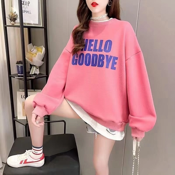 华棉复合加绒加厚卫衣韩版圆领宽松假两件休闲减龄百搭领口包边中长款上衣