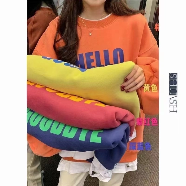 华棉复合加绒加厚卫衣韩版圆领宽松假两件休闲减龄百搭领口包边中长款上衣