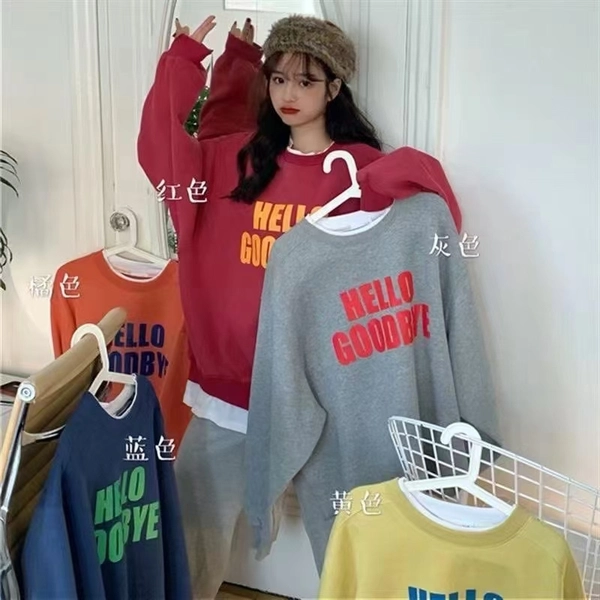 华棉复合加绒加厚卫衣韩版圆领宽松假两件休闲减龄百搭领口包边中长款上衣