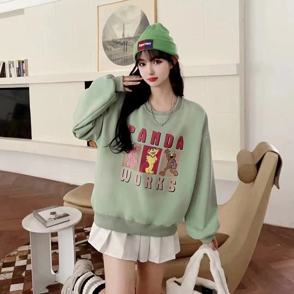 字母印花卫衣加绒加厚圆领时尚常规款百搭上衣套头无帽休闲显瘦卫衣外套