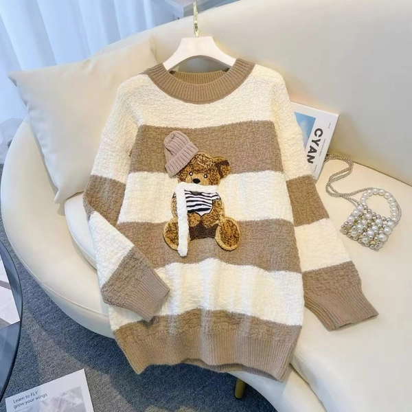 羊绒毛衣慵懒风宽松撞色中长款百搭毛衣外套圆领条纹印花时尚上衣