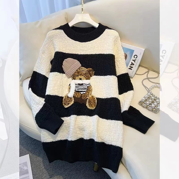 羊绒毛衣慵懒风宽松撞色中长款百搭毛衣外套圆领条纹印花时尚上衣