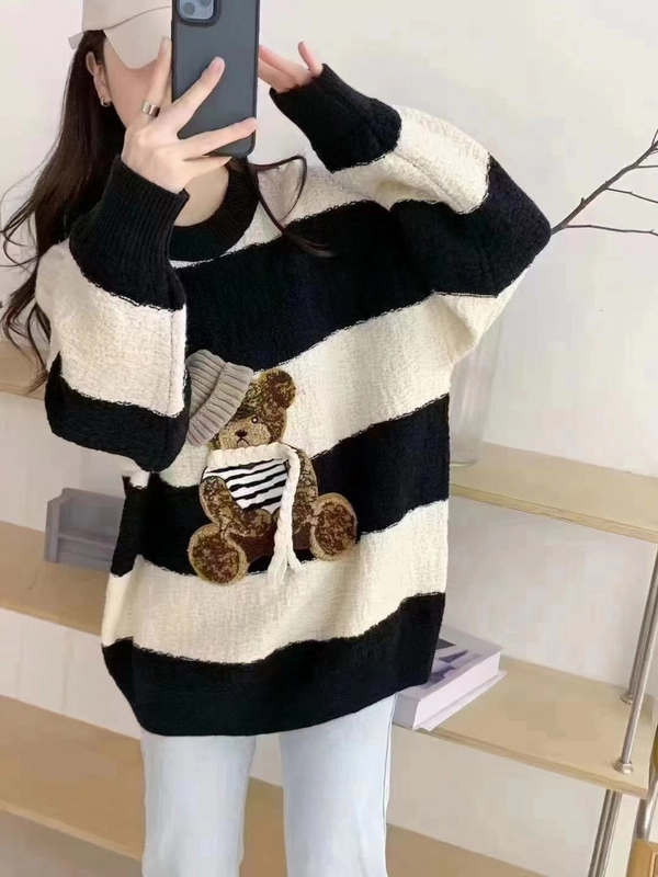 羊绒毛衣慵懒风宽松撞色中长款百搭毛衣外套圆领条纹印花时尚上衣