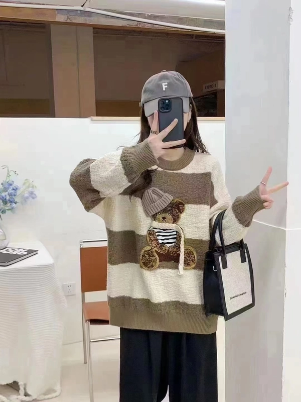 羊绒毛衣慵懒风宽松撞色中长款百搭毛衣外套圆领条纹印花时尚上衣