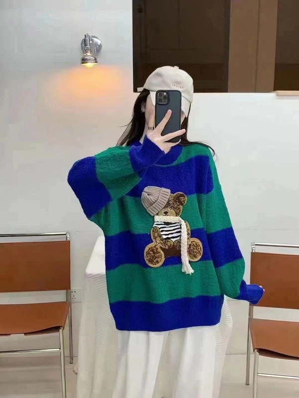 羊绒毛衣慵懒风宽松撞色中长款百搭毛衣外套圆领条纹印花时尚上衣