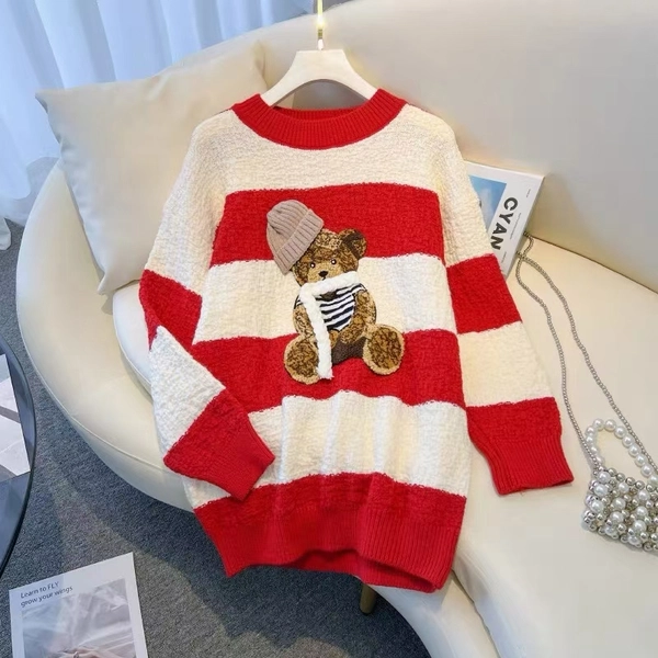 羊绒毛衣慵懒风宽松撞色中长款百搭毛衣外套圆领条纹印花时尚上衣