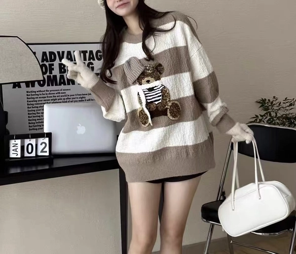 羊绒毛衣慵懒风宽松撞色中长款百搭毛衣外套圆领条纹印花时尚上衣