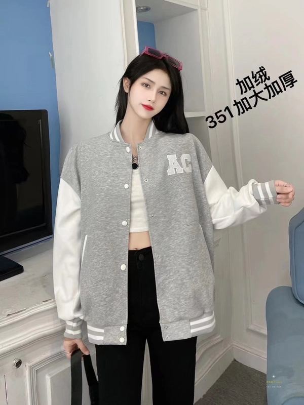 超柔加绒加厚学院风卫衣减龄宽松字母刺绣棒球服外套