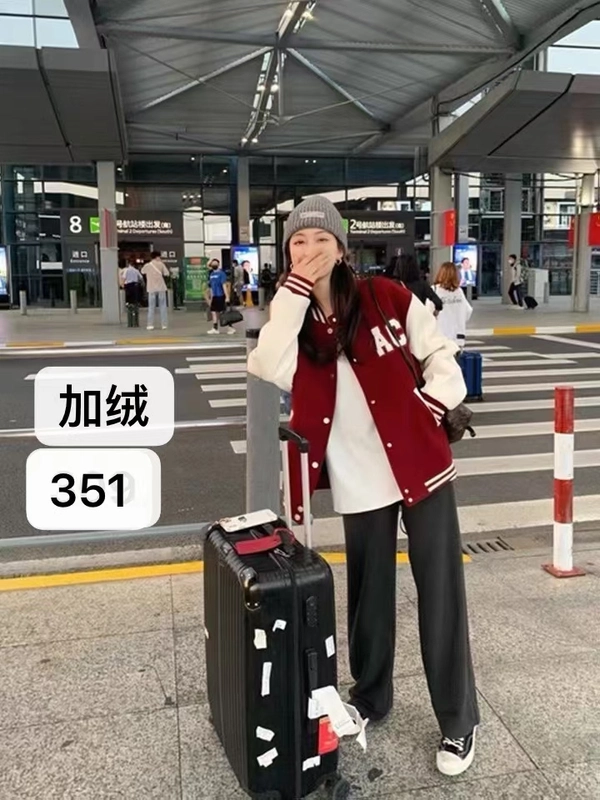 超柔加绒加厚学院风卫衣减龄宽松字母刺绣棒球服外套