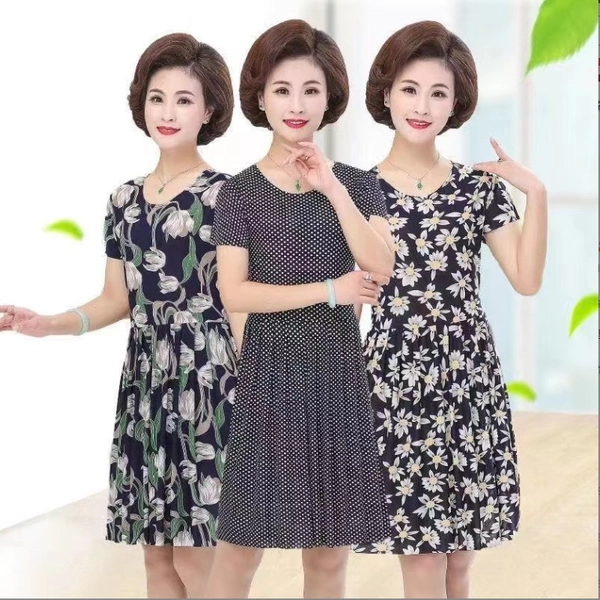 地摊好卖货源妈妈服装冰丝印花裙子中年女装夏装连衣裙