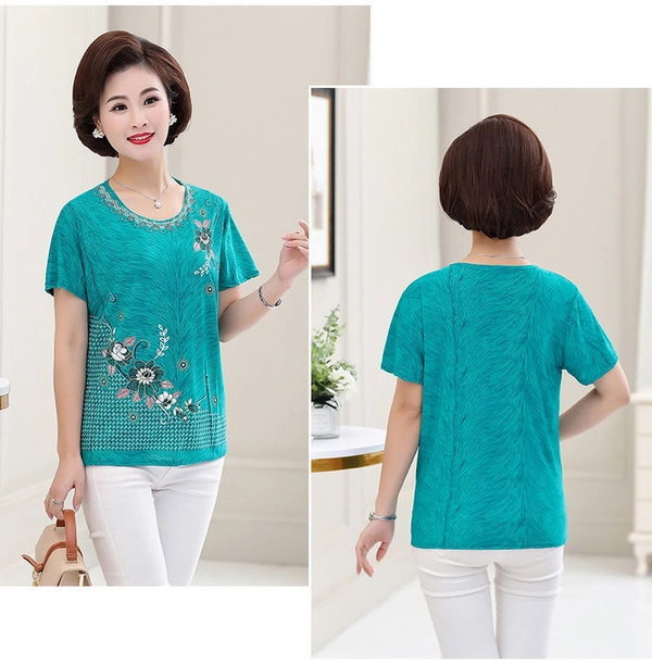 妈妈烫金T恤夏装中老年女装地摊衣服奶奶圆领短袖上衣赶集货源