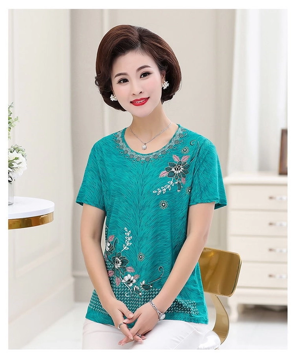 妈妈烫金T恤夏装中老年女装地摊衣服奶奶圆领短袖上衣赶集货源