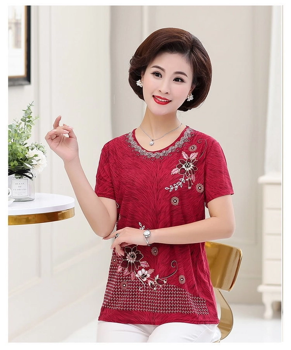 妈妈烫金T恤夏装中老年女装地摊衣服奶奶圆领短袖上衣赶集货源
