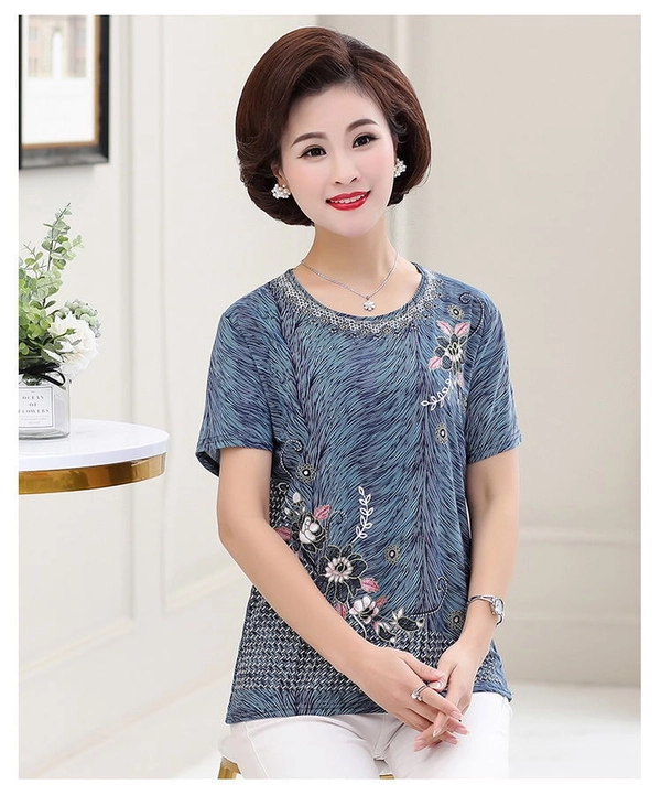 妈妈烫金T恤夏装中老年女装地摊衣服奶奶圆领短袖上衣赶集货源