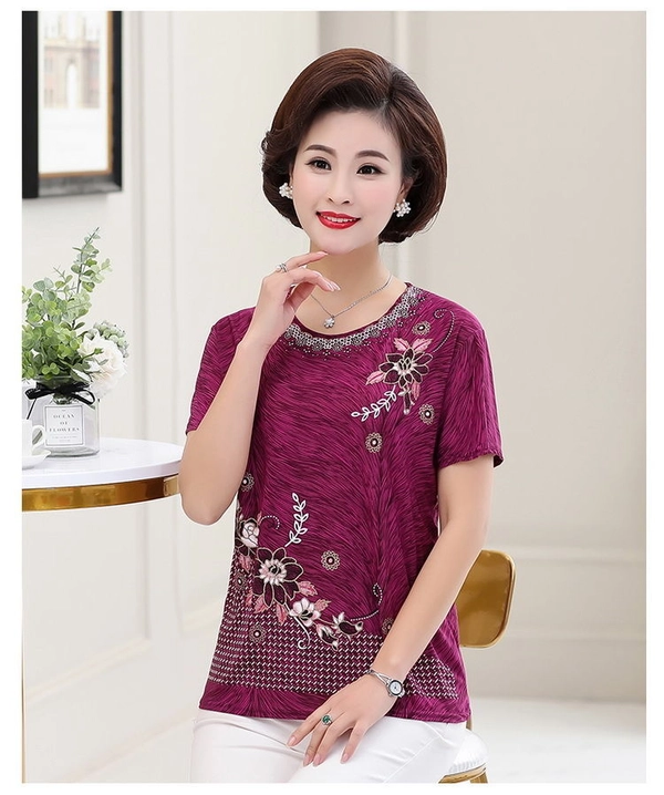 妈妈烫金T恤夏装中老年女装地摊衣服奶奶圆领短袖上衣赶集货源