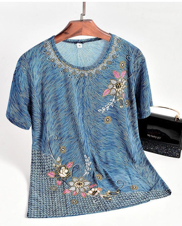 妈妈烫金T恤夏装中老年女装地摊衣服奶奶圆领短袖上衣赶集货源