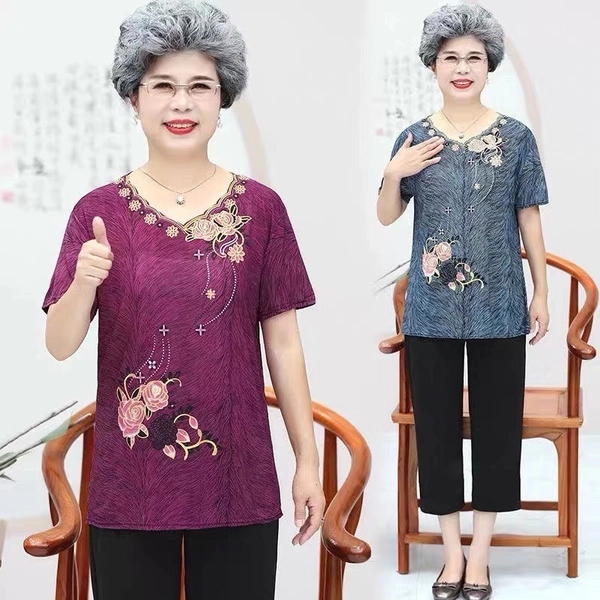 妈妈烫金T恤夏装中老年女装地摊衣服奶奶圆领短袖上衣赶集货源