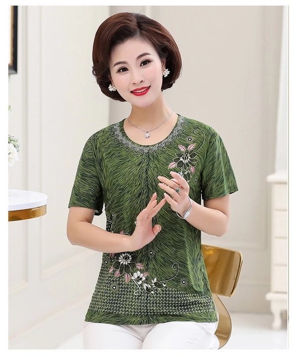 妈妈烫金T恤夏装中老年女装地摊衣服奶奶圆领短袖上衣赶集货源