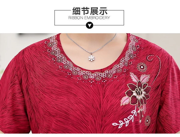 妈妈烫金T恤夏装中老年女装地摊衣服奶奶圆领短袖上衣赶集货源