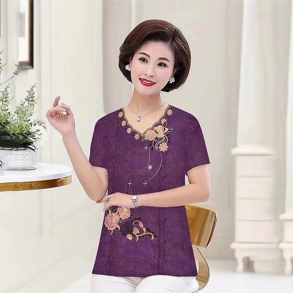 妈妈烫金T恤夏装中老年女装地摊衣服奶奶圆领短袖上衣赶集货源