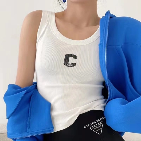 夏季高弹细螺纹薄料短款背心字母刺绣修身显瘦百搭背心