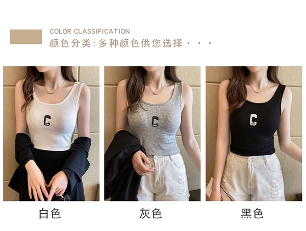 夏季高弹细螺纹薄料短款背心字母刺绣修身显瘦百搭背心