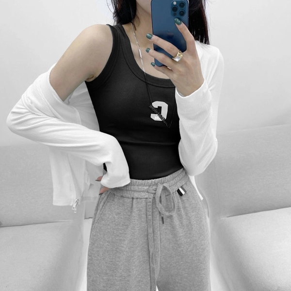 夏季高弹细螺纹薄料短款背心字母刺绣修身显瘦百搭背心