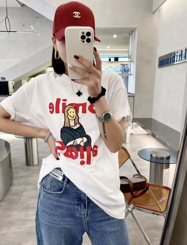 新款时尚百搭印花卡通熊纯棉短袖T恤女上衣