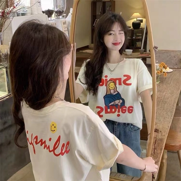 新款时尚百搭印花卡通熊纯棉短袖T恤女上衣