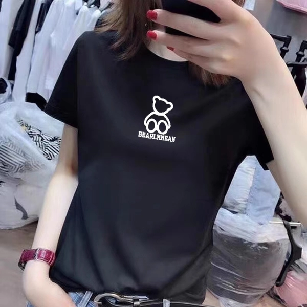 韩版女装圆领夏季简约短袖奥代尔罗纹刺绣T恤