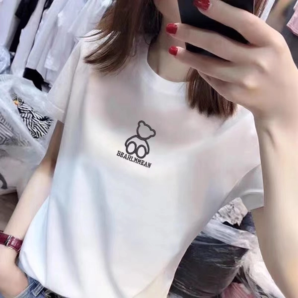 韩版女装圆领夏季简约短袖奥代尔罗纹刺绣T恤