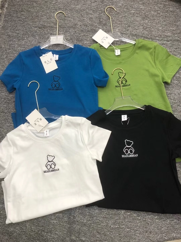 韩版女装圆领夏季简约短袖奥代尔罗纹刺绣T恤