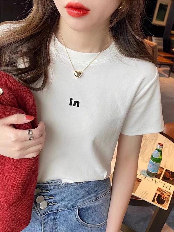 韩版女装圆领夏季简约短袖奥代尔罗纹刺绣T恤