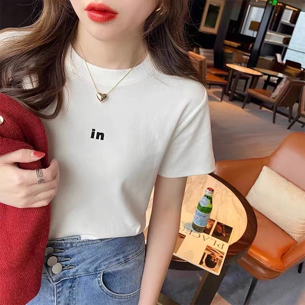 韩版女装圆领夏季简约短袖奥代尔罗纹刺绣T恤