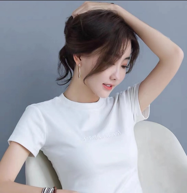 韩版女装圆领夏季简约短袖奥代尔罗纹刺绣T恤