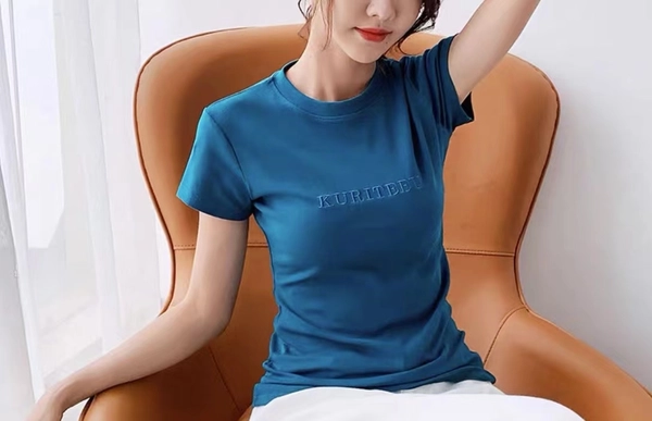 韩版女装圆领夏季简约短袖奥代尔罗纹刺绣T恤