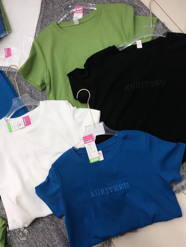 韩版女装圆领夏季简约短袖奥代尔罗纹刺绣T恤